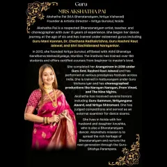 This is a little bit about me, Akshatha Pai. I founded Nritya Gurukul to share the rich heritage of Bharatanatyam and nurture the next generation of dancers through the Guru-Shishya Parampara.