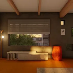 A conceptual design for a living space with earthy tones, a concrete bench, and a unique orange sculptural element. This showcases our exploration of wabi-sabi and rustic aesthetics.