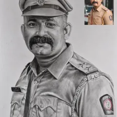 This shows the transformation from a color photo to a detailed charcoal portrait of a police officer. I ensure that every detail, from the uniform's insignia to the expression, is captured with precision.