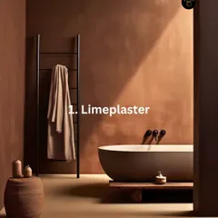 One way to use brown is with textured limeplaster walls. This creates a warm, earthy, and incredibly chic look, especially in a minimalist bathroom.