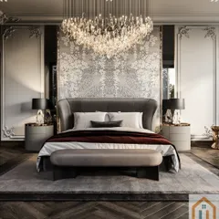A master bedroom designed for pure luxury, with a stunning crystal chandelier, intricate wall mouldings, and a bespoke floral wallpaper that serves as a captivating centerpiece.