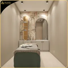 A different perspective of the botanical-themed spa room, showing the integrated vanity, arched mirror, and custom-lit shelving that complete the cohesive design.