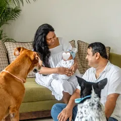 A gentle welcome home for the new baby sister. Yuki and Navi, the family's first "kids," curiously and lovingly greet the newborn, showing the protective and caring nature of dogs.