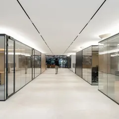 Transparency and structure define this office corridor, with glass-walled cabins offering visual connection while maintaining acoustic privacy. The design uses a minimalist palette and linear lighting to create an atmosphere of sophisticated order, allowing the work and people to take center stage.