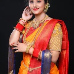 A beautiful South Indian bridal look with a traditional yellow and red saree. This portfolio piece was created entirely by one of my talented students.