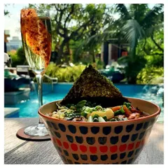 My hand-painted ramen bowl brings a vibrant, artistic touch to this delicious meal served poolside at Tiamo, Conrad Bengaluru. Each pattern is carefully applied to create a unique piece.