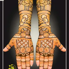 A classic Indian bridal design with full coverage. This style uses repeating bands of different traditional patterns to create a rich and textured look.