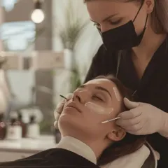 Here, one of our expert therapists applies a treatment mask with precision. We ensure every step of your facial is performed with the utmost care and hygiene for a seamless, rejuvenating experience.