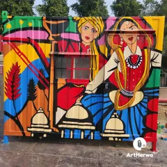 This side of the container showcases a beautiful depiction of traditional Indian dancers. The bright colors and bold outlines make the artwork visible and engaging even from a distance.