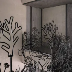 A detailed view of the floral and faunal motifs within the laser-cut metal railing. Each element, from the birds to the stylized trees, is part of a larger narrative that unfolds as you move through the space.