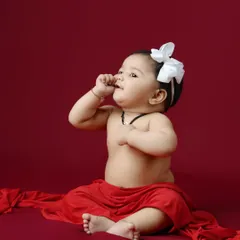 A similar pose from the same session, capturing a thoughtful moment as she looks up. These simple studio portraits are perfect for highlighting your baby's features.