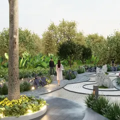 The 'Yoga Park' within the Sattva landscape masterplan, featuring a zen garden with raked gravel and natural rock formations. The pathway design and surrounding dense foliage create a tranquil and contemplative environment perfect for mindfulness and exercise.