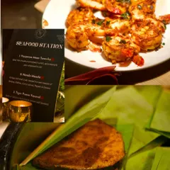 A collage dedicated to our Chettinad seafood station. It features a menu with options like Vanjaram Meen Tava-fry and Tiger Prawn Varuval, alongside images of the deliciously prepared dishes.