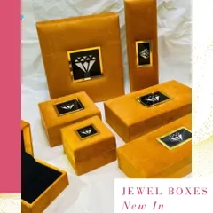 A new addition to my collection, these luxurious mustard-yellow velvet jewelry boxes are perfect for gifting precious items. They are available in various sizes, from ring boxes to necklace cases.