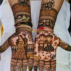 Whether you're expecting a boy or a girl, we can customize the design for you. This fun mehandi includes "Baby Boy" and "Baby Girl" themes, along with portraits of the couple and their children.