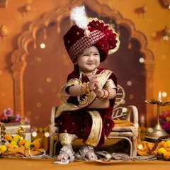 A joyful little girl dressed in a traditional Marathi royal outfit, clapping her hands with a big smile. This is from our popular 'Jijau-chi Lek' theme.