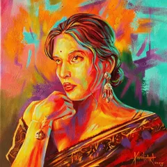Inspired by the beauty and strength of the subject, this acrylic portrait uses a warm, fiery palette and expressive brushstrokes.
