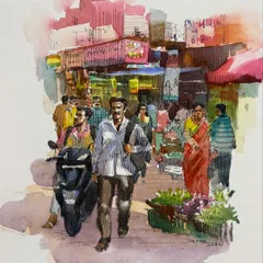 A finished watercolor illustration of a bustling market street, demonstrating how figures and background elements can be integrated.