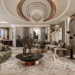 A wider view of the same living room, showing the open-plan layout that connects to other areas of the home. The design uses layered wall paneling and a mix of modern furniture to define different zones within the large space.