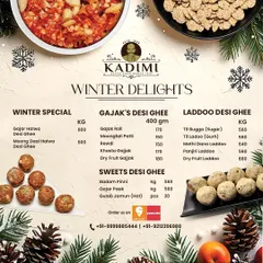 Our complete Winter Delights menu, featuring Gajar Halwa, Moong Daal Halwa, various types of Gajak, Laddoos, and Pinni, all made with pure desi ghee.