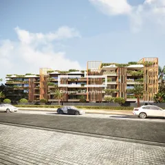 This contemporary facade masterfully combines a variety of materials, including sleek metals, textured stone, and rich wood elements. The seamless integration of these materials with cascading greenery showcases architectural innovation and a sophisticated blend of modern elegance.
