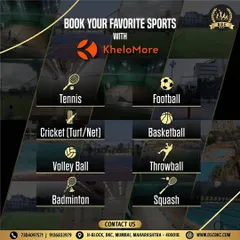 You can book your favorite sport at our club directly through the Khelomore app. This graphic lists all the available options for easy booking.