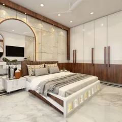 This bedroom combines natural stone textures with warm wood for a sophisticated look. The design features a large arched mirror, a custom bed, and a sleek white and wood wardrobe, creating a bright and modern retreat.