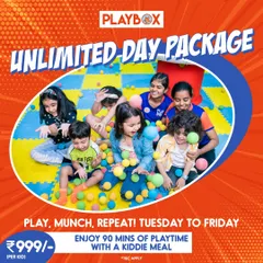 Another promotional graphic for our popular unlimited day package, showcasing kids having a blast in the ball pit.
