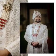 A collage showing a full-length shot of the groom in his white sherwani and a close-up of the intricate brooch and necklace.