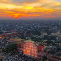 The Hawa Mahal in Jaipur, lit by the last rays of the setting sun. I use my drone to find unique perspectives on iconic architecture, showing how the light interacts with the intricate details of our heritage.