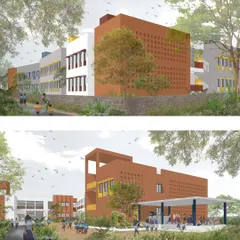 These architectural renderings show our vision for the school's exterior. The design uses a combination of earthy terracotta jali screens for ventilation and playful pops of color, creating a building that is both contextually appropriate and stimulating for young students.