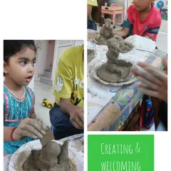 The look of wonder and concentration on these young faces says it all. This collage captures the beautiful process of creating and welcoming Bappa with their own hands.