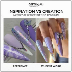 From a reference photo to a real-life creation, this piece shows our student's ability to work with advanced techniques like marble effects, glitter gradients, and delicate 3D butterfly and chain embellishments.