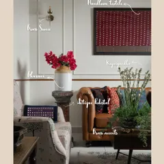 This annotated image breaks down the design elements that came together in the final space. From the handloom textile to the antique pedestal, every piece was chosen with intention to create a layered, modern-traditional look.
