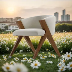 A modern accent chair that connects your space to the serenity of nature. The chair's clean lines, natural wood frame, and soft white upholstery create a perfect blend of elegance and earthy charm.