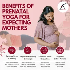 Prenatal yoga is more than just exercise; it's a holistic practice for you and your baby. This graphic breaks down the core benefits we focus on in my classes: reducing stress, improving flexibility for labor, enhancing blood circulation, and supporting better posture to ease back pain.