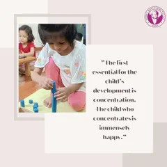 Concentration is essential for a child's development and happiness. This child is fully absorbed in working with the knobbed cylinders, a sensorial material that helps refine visual discrimination and prepares the hand for writing.