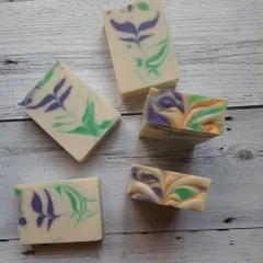 Here you can see the variety within a single batch of my Blooming Lavender soap. The blend of lavender and citrus essential oils provides a scent that is both calming and uplifting.