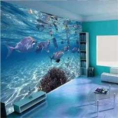 This concept shows how far you can take a theme. An immersive 3D underwater wallpaper is paired with a glossy blue floor to create a stunning, one-of-a-kind aquatic room.
