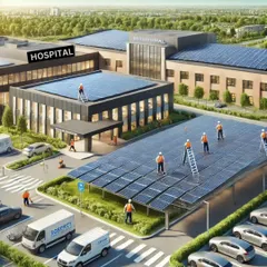 Another example of a solar-powered hospital. We cover rooftops and parking areas to maximize energy generation, ensuring a reliable power supply for critical medical equipment.