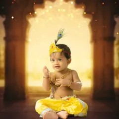 This portrait captures the playful divinity of a baby dressed as Little Krishna. The warm, glowing background and traditional attire create a magical and culturally rich image, perfect for celebrating your little one.