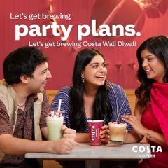 This image from the Costa campaign focuses on a group of friends making plans. The wardrobe for each person was carefully selected to reflect their individual style while creating a harmonious group picture.