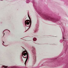A close-up of my Kanha watercolor painting, focusing on the expressive eyes and the delicate tilak. This detailed view shows the fine brushwork and subtle color blending that gives the portrait its gentle and divine character.
