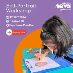 A child is deeply focused, tracing her self-portrait, a key step in our workshop that encourages observation and attention to detail. I provide a space for children to experiment with different techniques and materials to express their unique vision.