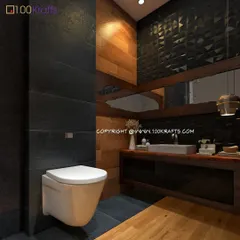 A bathroom from our 'Gothic Design' concept. The space features dramatic dark tiles, rich wood textures, and a modern wall-mounted toilet, creating a bold and elegant experience.