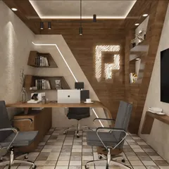 A compact and modern home office design for two. The space features a custom wooden desk, ergonomic chairs, and unique geometric wall paneling with integrated LED lighting for a productive environment.
