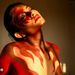 Another angle from the flame body art series, showing how the light catches the colors. This kind of conceptual makeup is ideal for music videos or artistic photo series.