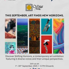 A poster for the 'Shifting Horizons' contemporary art exhibition at Utsav. This shows our dedication to the arts by providing a platform for diverse artistic voices.