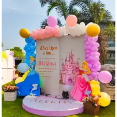 The 'Once Upon a Time' storybook entrance for a Disney Princess party. Featuring Cinderella and Sleeping Beauty, this large prop creates a magical entryway and a perfect photo opportunity for the little princess.
