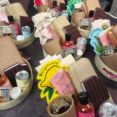 Another angle of our budget-friendly bridesmaid hampers, showing the variety of face masks and goodies we can include to make your girls feel pampered.
